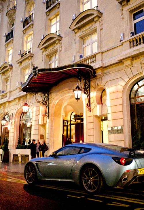 The Zagato looks at home parked for the night outside the Le Royal Monceau, Raffles in Paris