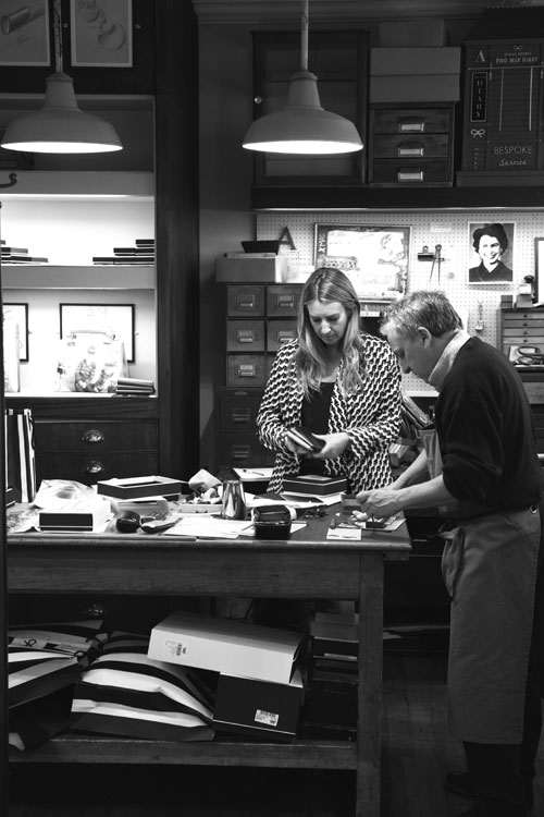 Anya Hindmarch at work in the studio to the rear of her London boutique store, where bespoke goods are manufactured for her worldwide clientele