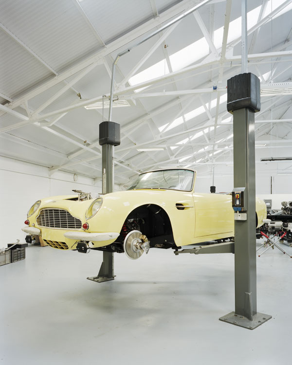 A 1970 DB6 MkII Volante undergoing restoration in the workshop