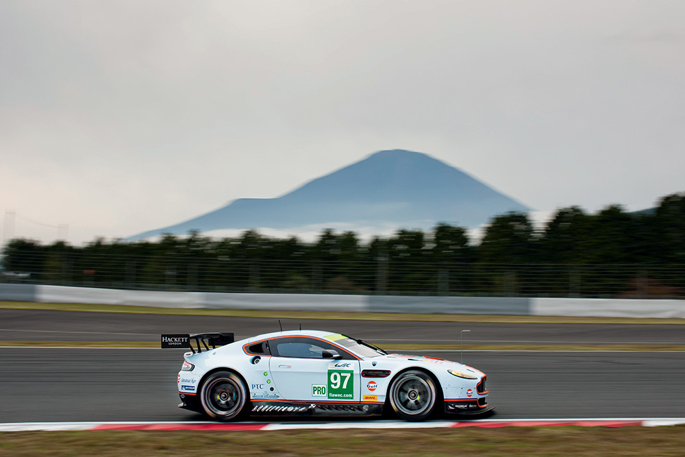 The victorious AMR #97 car in the shadow of Mount Fuji. 